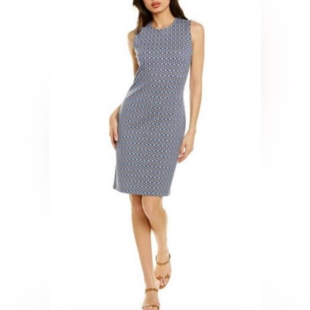 J.McLaughlin Devon Blue Brown Geometric Sleeveless Sheath Dress Size S